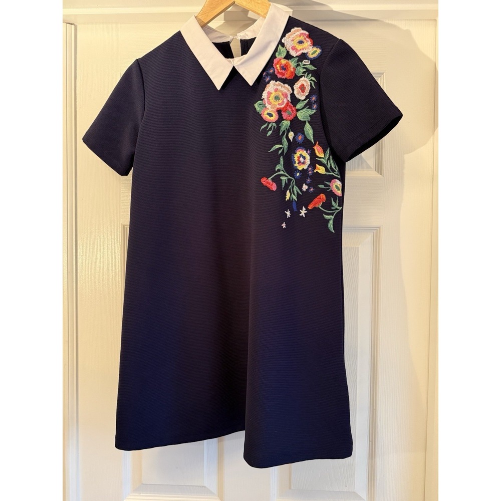 Aiden Shift Dress Womens Small Navy Blue Floral Embroidered White Collar Mini